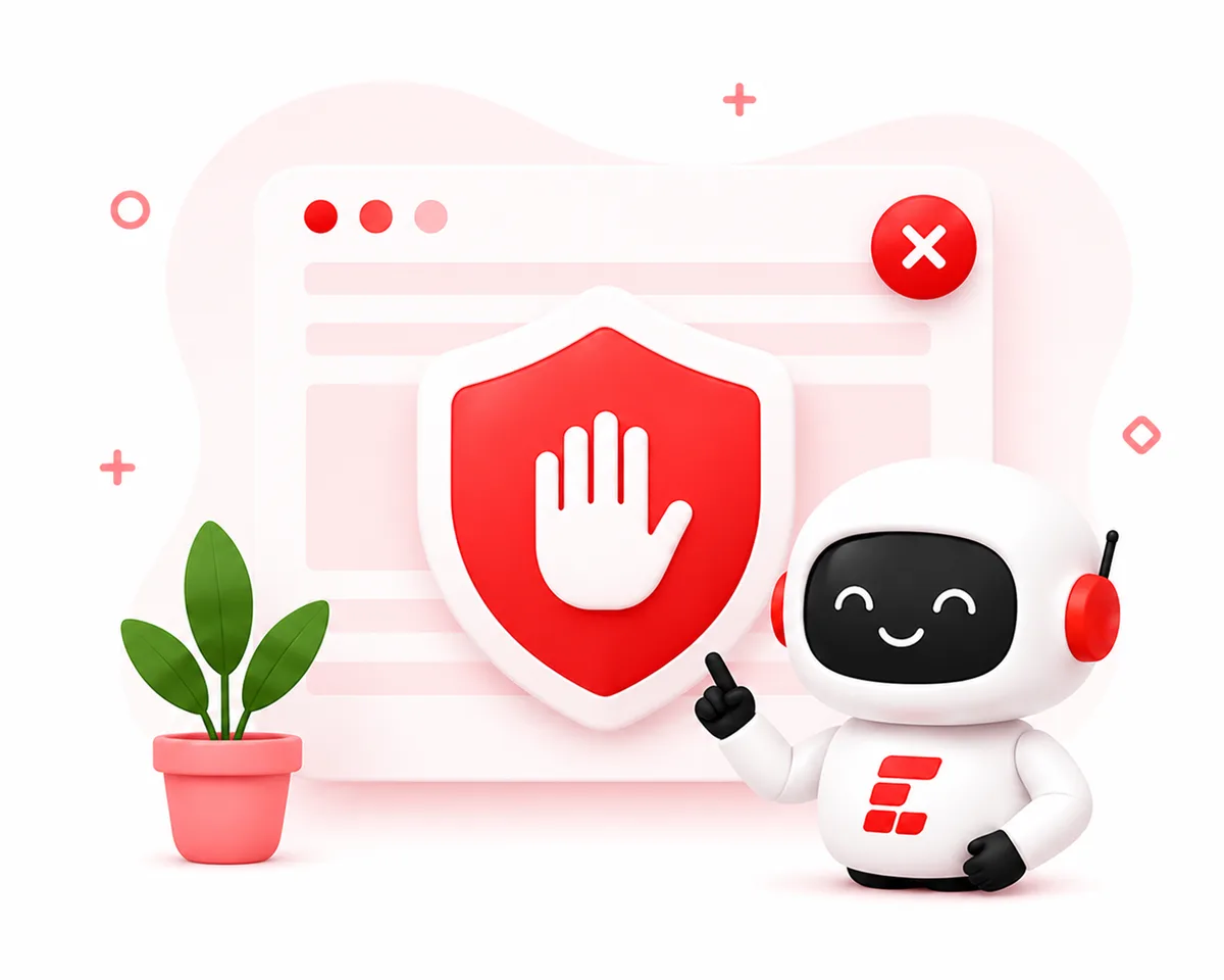 EizTools robot mascot pointing at a browser window where the ad-blocker shield is being switched off